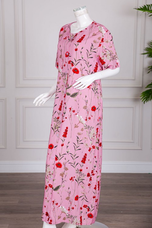 قميص نسائي طويل لون وردي مشجر بياقة دائرية بأزرار من الأمام ذو أكمام قصيرة