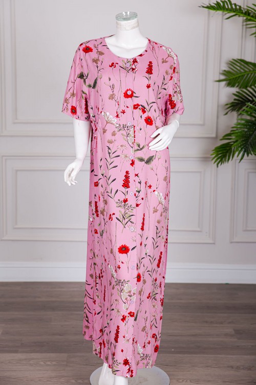 قميص نسائي طويل لون وردي مشجر بياقة دائرية بأزرار من الأمام ذو أكمام قصيرة