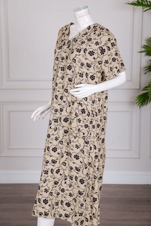 قميص نسائي ميدي لون بيج مشجر باللون الأسود بياقة قصة سبعة و بجيوب و أكمام قصيرة