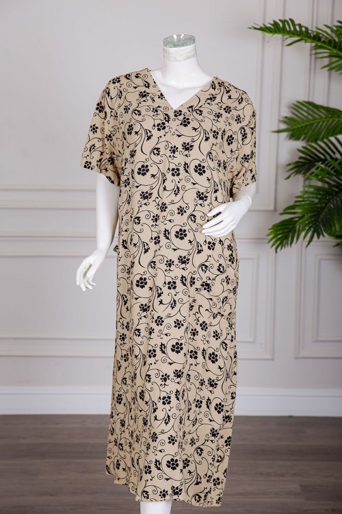 قميص نسائي ميدي لون بيج مشجر باللون الأسود بياقة قصة سبعة و بجيوب و أكمام قصيرة