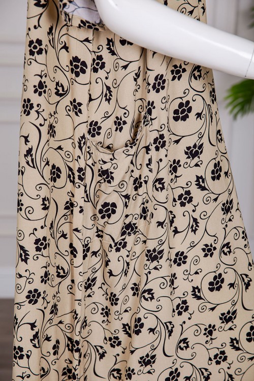 قميص نسائي ميدي لون بيج مشجر باللون الأسود بياقة قصة سبعة و بجيوب و أكمام قصيرة