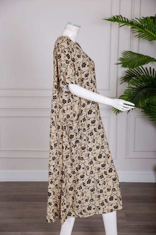 قميص نسائي ميدي لون بيج مشجر باللون الأسود بياقة قصة سبعة و بجيوب و أكمام قصيرة