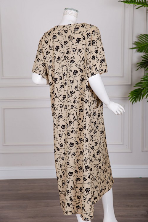 قميص نسائي ميدي لون بيج مشجر باللون الأسود بياقة قصة سبعة و بجيوب و أكمام قصيرة