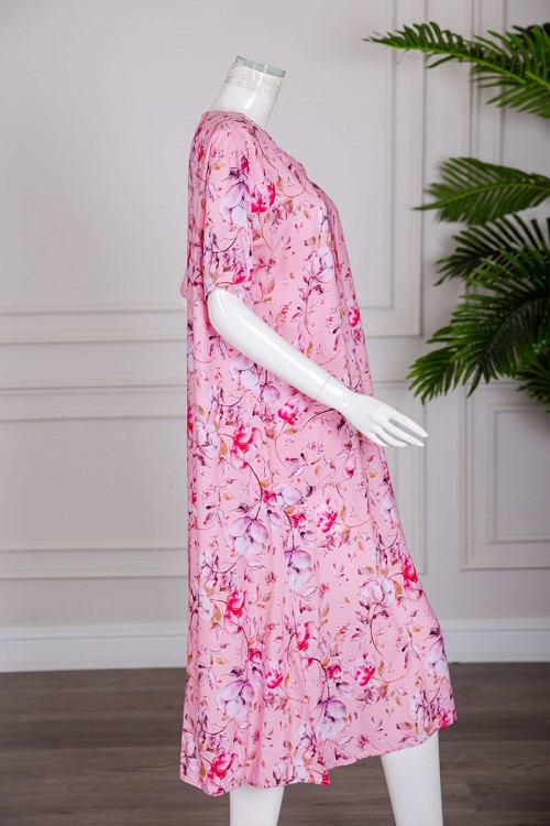 قميص نسائي ميدي لون وردي مشجر بياقة قصة سبعة و بجيوب و أكمام قصيرة