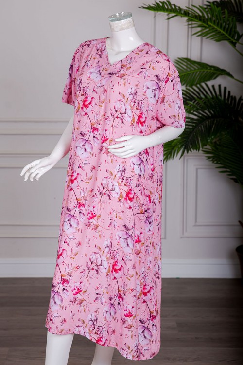 قميص نسائي ميدي لون وردي مشجر بياقة قصة سبعة و بجيوب و أكمام قصيرة