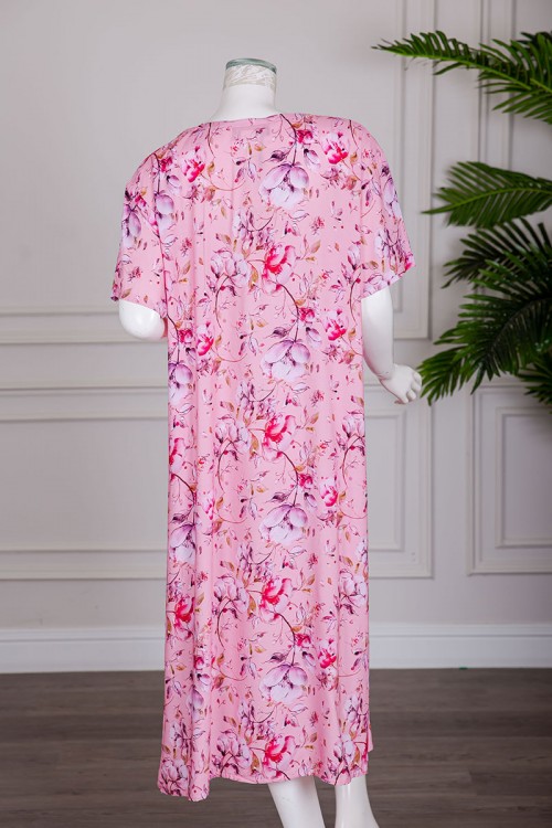 قميص نسائي ميدي لون وردي مشجر بياقة قصة سبعة و بجيوب و أكمام قصيرة