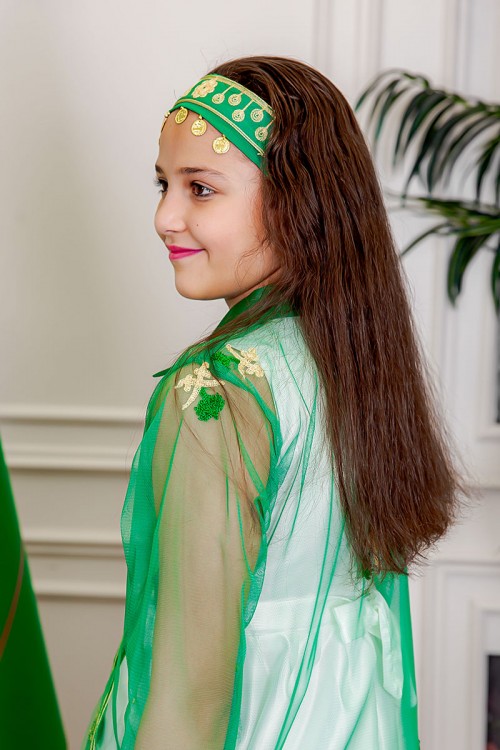 بشت بناتي عسيري تل لليوم الوطني لون أخضر مزين بتطريز تراثي سيفين و نخلة ياقة قصة سبعة و أكمام طويلة