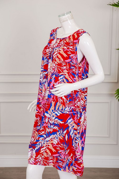 قميص نسائي قصير لون أحمر مشجر ياقة دائرية بدون أكمام