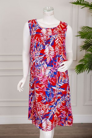 قميص نسائي قصير لون أحمر مشجر ياقة دائرية بدون أكمام