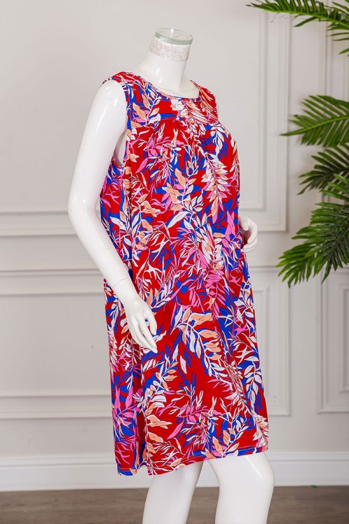 قميص نسائي قصير لون أحمر مشجر ياقة دائرية بدون أكمام