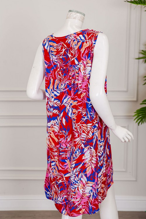 قميص نسائي قصير لون أحمر مشجر ياقة دائرية بدون أكمام