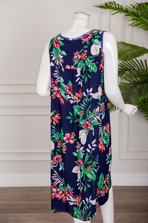 قميص نسائي قصير لون كحلي مشجر ياقة دائرية بدون أكمام