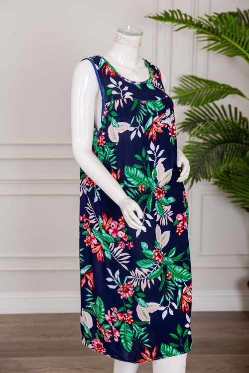 قميص نسائي قصير لون كحلي مشجر ياقة دائرية بدون أكمام