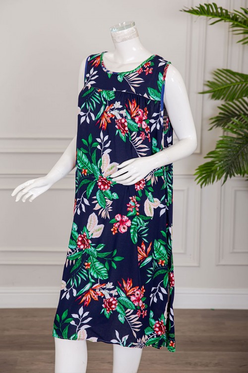 قميص نسائي قصير لون كحلي مشجر ياقة دائرية بدون أكمام