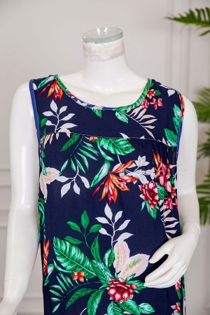 قميص نسائي قصير لون كحلي مشجر ياقة دائرية بدون أكمام