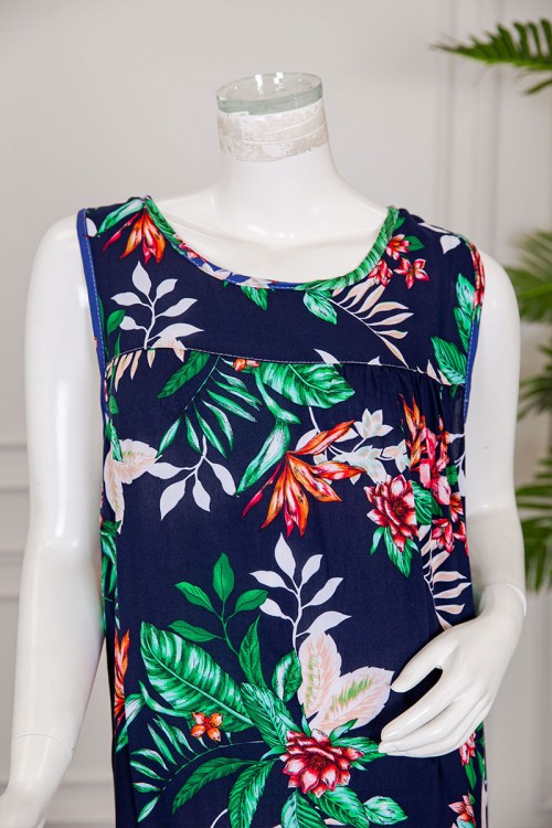 قميص نسائي قصير لون كحلي مشجر ياقة دائرية بدون أكمام