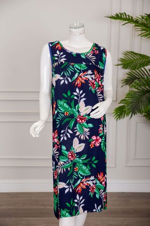 قميص نسائي قصير لون كحلي مشجر ياقة دائرية بدون أكمام