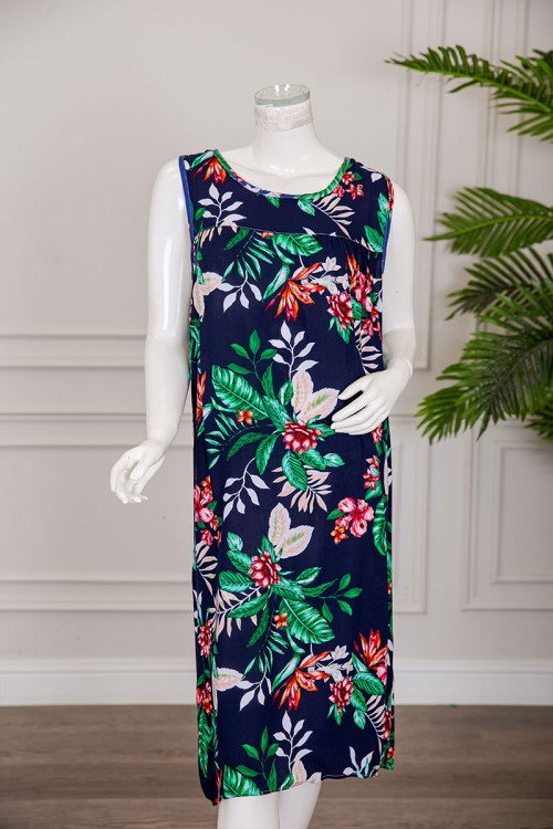 قميص نسائي قصير لون كحلي مشجر ياقة دائرية بدون أكمام