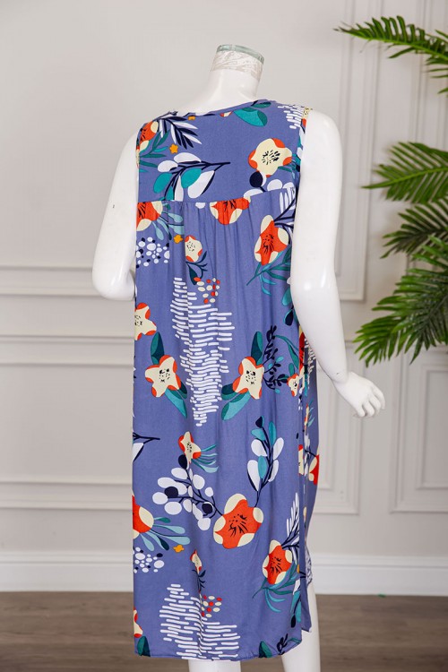 قميص نسائي قصير لون موف مشجر ياقة دائرية بدون أكمام