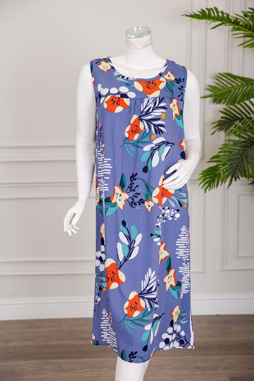 قميص نسائي قصير لون موف مشجر ياقة دائرية بدون أكمام