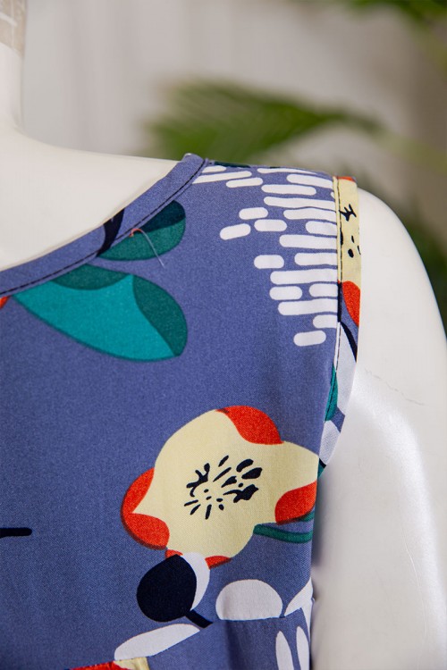 قميص نسائي قصير لون موف مشجر ياقة دائرية بدون أكمام