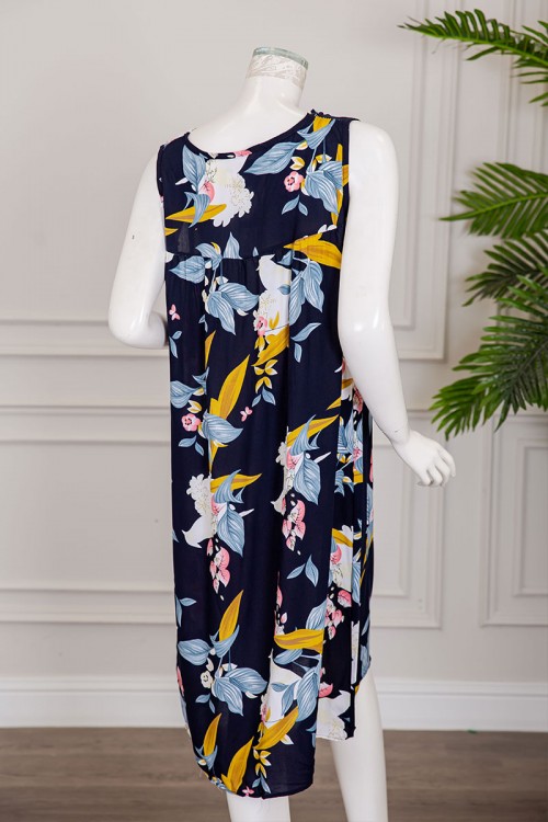 قميص نسائي قصير لون كحلي مشجر ياقة دائرية بدون أكمام