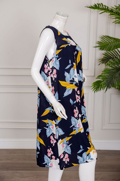 قميص نسائي قصير لون كحلي مشجر ياقة دائرية بدون أكمام