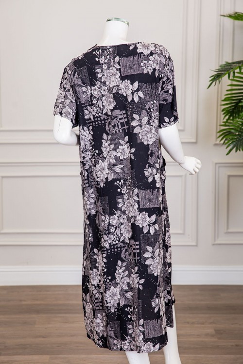 قميص نسائي ميدي لون أسود مشجر ياقة قصة سبعة و أكمام قصيرة