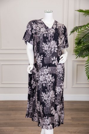 قميص نسائي ميدي لون أسود مشجر ياقة قصة سبعة و أكمام قصيرة 