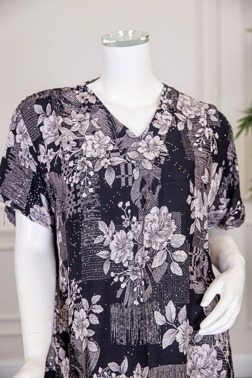 قميص نسائي ميدي لون أسود مشجر ياقة قصة سبعة و أكمام قصيرة