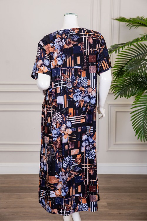 قميص نسائي ميدي مزين برسومات و أشكال ملونة بفصوص ياقة قصة سبعة و أكمام قصيرة