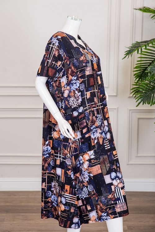 قميص نسائي ميدي مزين برسومات و أشكال ملونة بفصوص ياقة قصة سبعة و أكمام قصيرة