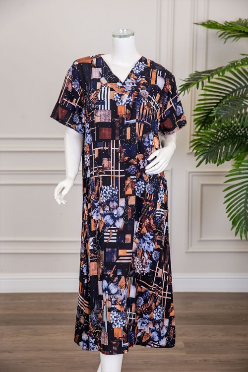 قميص نسائي ميدي مزين برسومات و أشكال ملونة بفصوص ياقة قصة سبعة و أكمام قصيرة