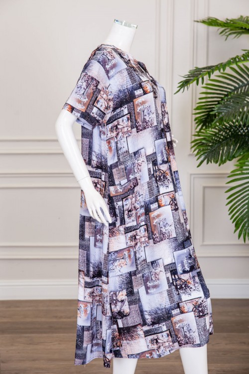 قميص نسائي ميدي مزين برسومات و أشكال ملونة بفصوص ياقة قصة سبعة و أكمام قصيرة