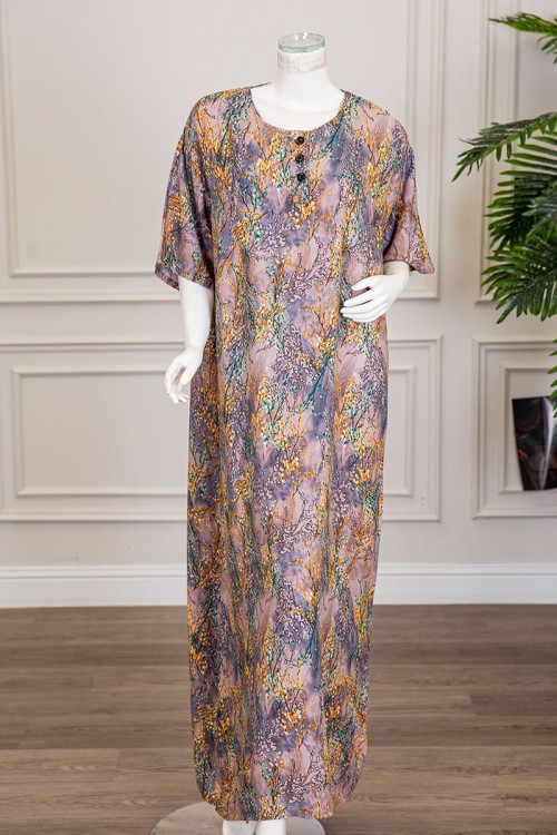 قميص نسائي جامبو طويل مشجر بتموجات لونية ياقة دائرية بأزرار من الأمام و أكمام ميدي