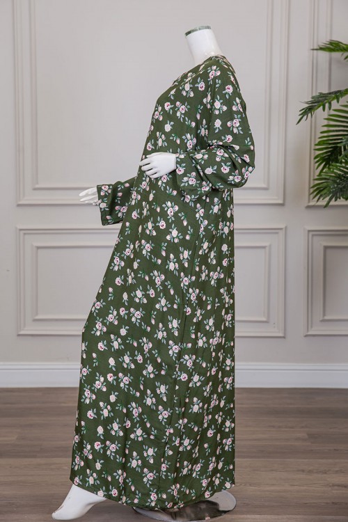 قميص نسائي جامبو طويل لون أخضر مشجر ياقة دائرية بأزرار من الأمام و أكمام طويلة