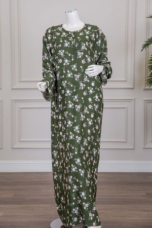 قميص نسائي جامبو طويل لون أخضر مشجر ياقة دائرية بأزرار من الأمام و أكمام طويلة