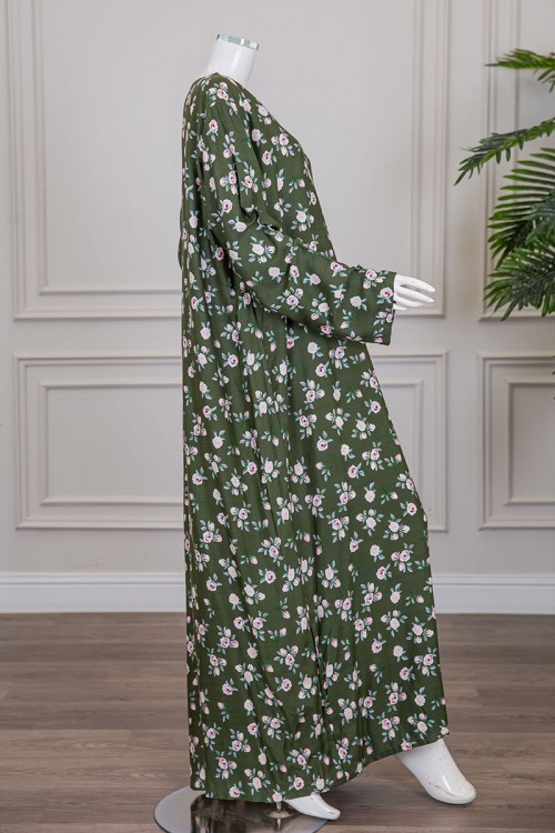 قميص نسائي جامبو طويل لون أخضر مشجر ياقة دائرية بأزرار من الأمام و أكمام طويلة