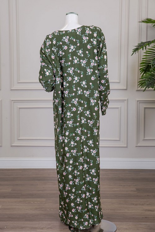 قميص نسائي جامبو طويل لون أخضر مشجر ياقة دائرية بأزرار من الأمام و أكمام طويلة