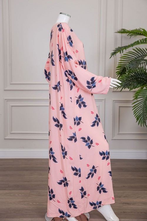 قميص نسائي طويل لون خربزي مشجر ياقة دائرية بأزرار من الأمام و أكمام طويلة