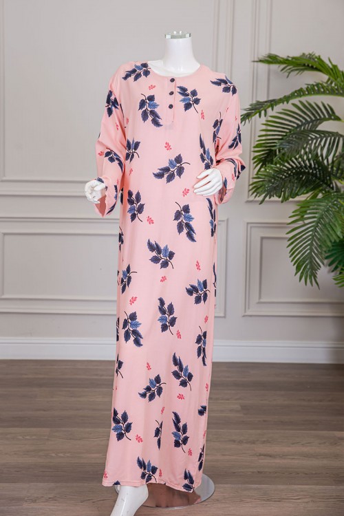 قميص نسائي طويل لون خربزي مشجر ياقة دائرية بأزرار من الأمام و أكمام طويلة