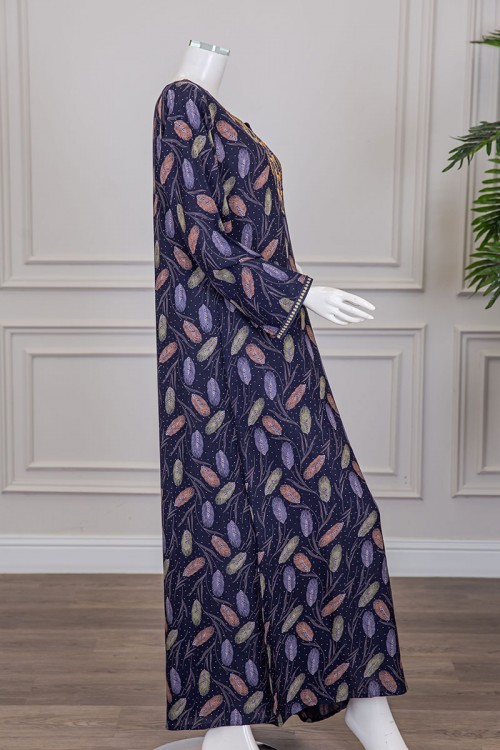 قميص نسائي طويل لون موف غامق مشجر مزين بفصوص كلفة مطرزة و بأكمام طويلة