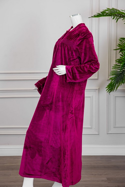 قميص نسائي شتوي طويل لون عودي ياقة دائرية بأزرار و أكمام طويلة