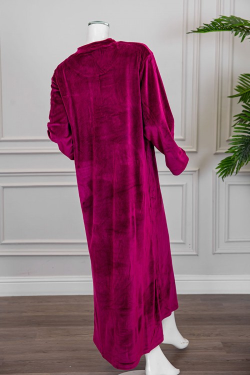 قميص نسائي شتوي طويل لون عودي ياقة دائرية بأزرار و أكمام طويلة