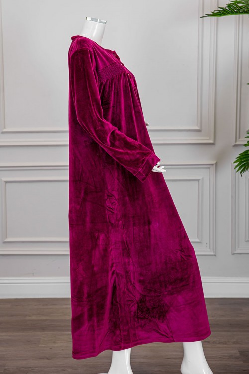 قميص نسائي شتوي طويل لون عودي ياقة دائرية بأزرار و أكمام طويلة