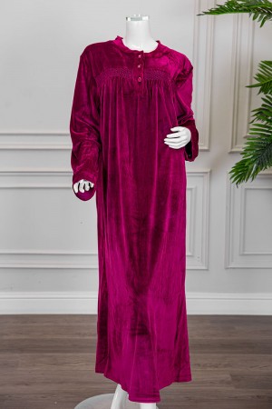 قميص نسائي شتوي طويل لون عودي ياقة دائرية بأزرار و أكمام طويلة