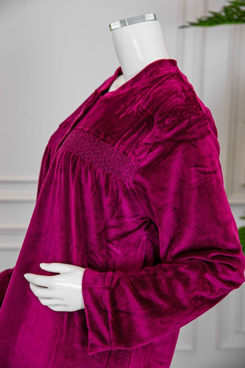 قميص نسائي شتوي طويل لون عودي ياقة دائرية بأزرار و أكمام طويلة