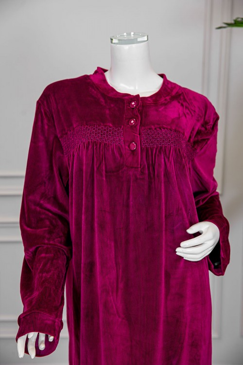 قميص نسائي شتوي طويل لون عودي ياقة دائرية بأزرار و أكمام طويلة