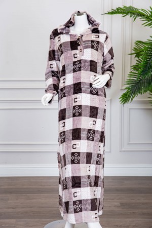 قميص نسائي شتوي طويل مطبوع بنقشة مربعات متداخلة بتدرجات متعددة الالوان ياقة بقبعة و أزرار و بأكمام طويلة