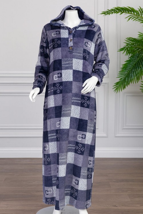 قميص نسائي شتوي طويل مطبوع بنقشة مربعات متداخلة بتدرجات متعددة الالوان ياقة بقبعة و أزرار و بأكمام طويلة